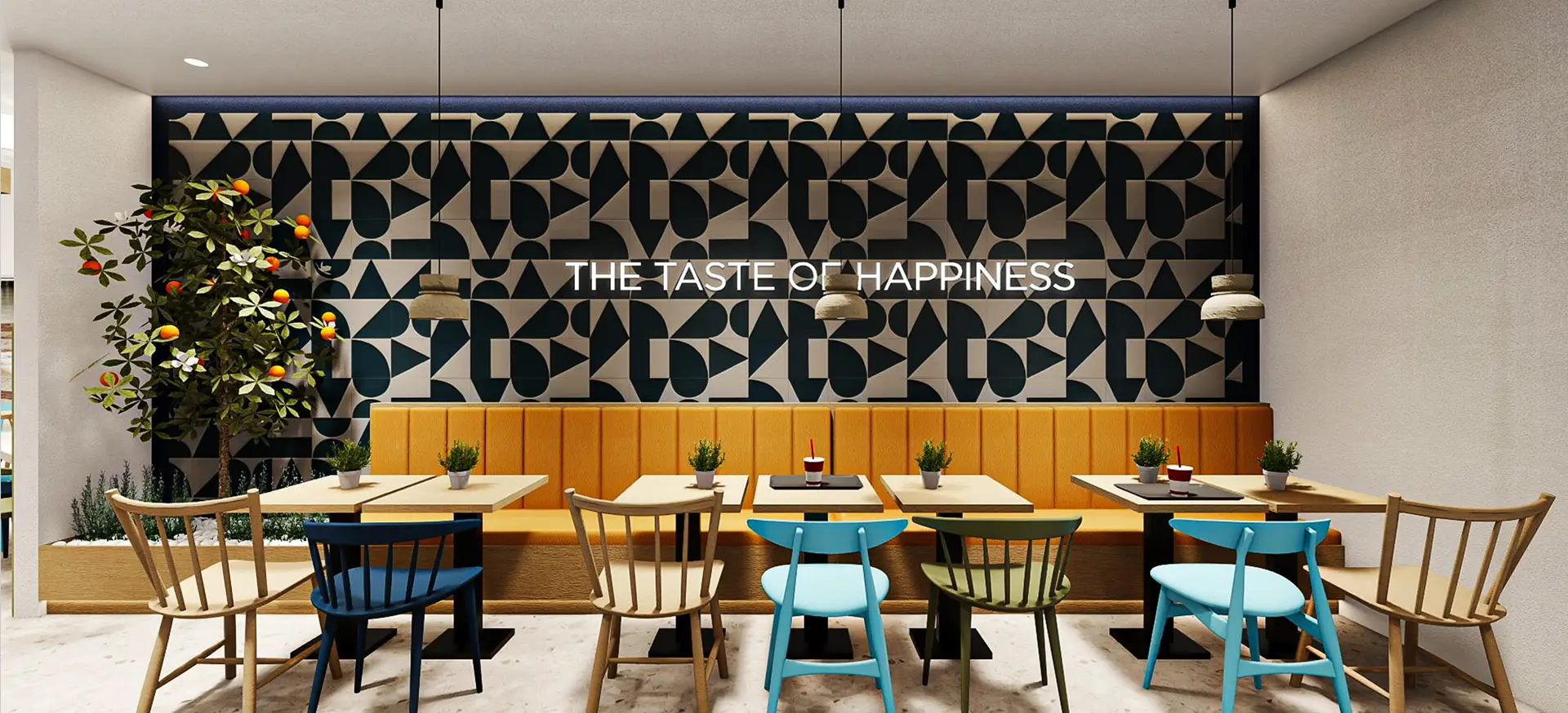 Amma Fresh seating area with sign that says the taste of happiness